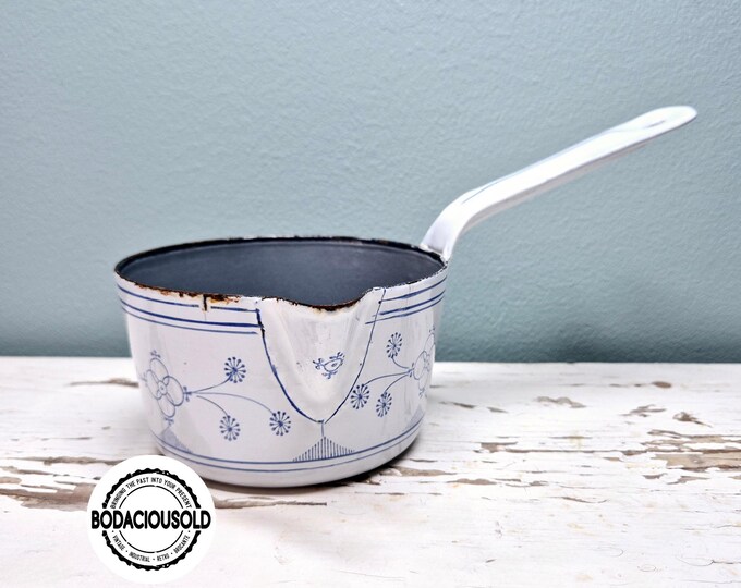 Vintage Saxon Blue enamel saucepan | Retro blue and white Saxony enamel pot with spout | 1950s farmhouse kitchen decor