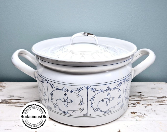 Vintage Saxon enamel pot with lid | Large Decorative retro blue and white enamel soup or stew pot | Collectible Saxony Cookware
