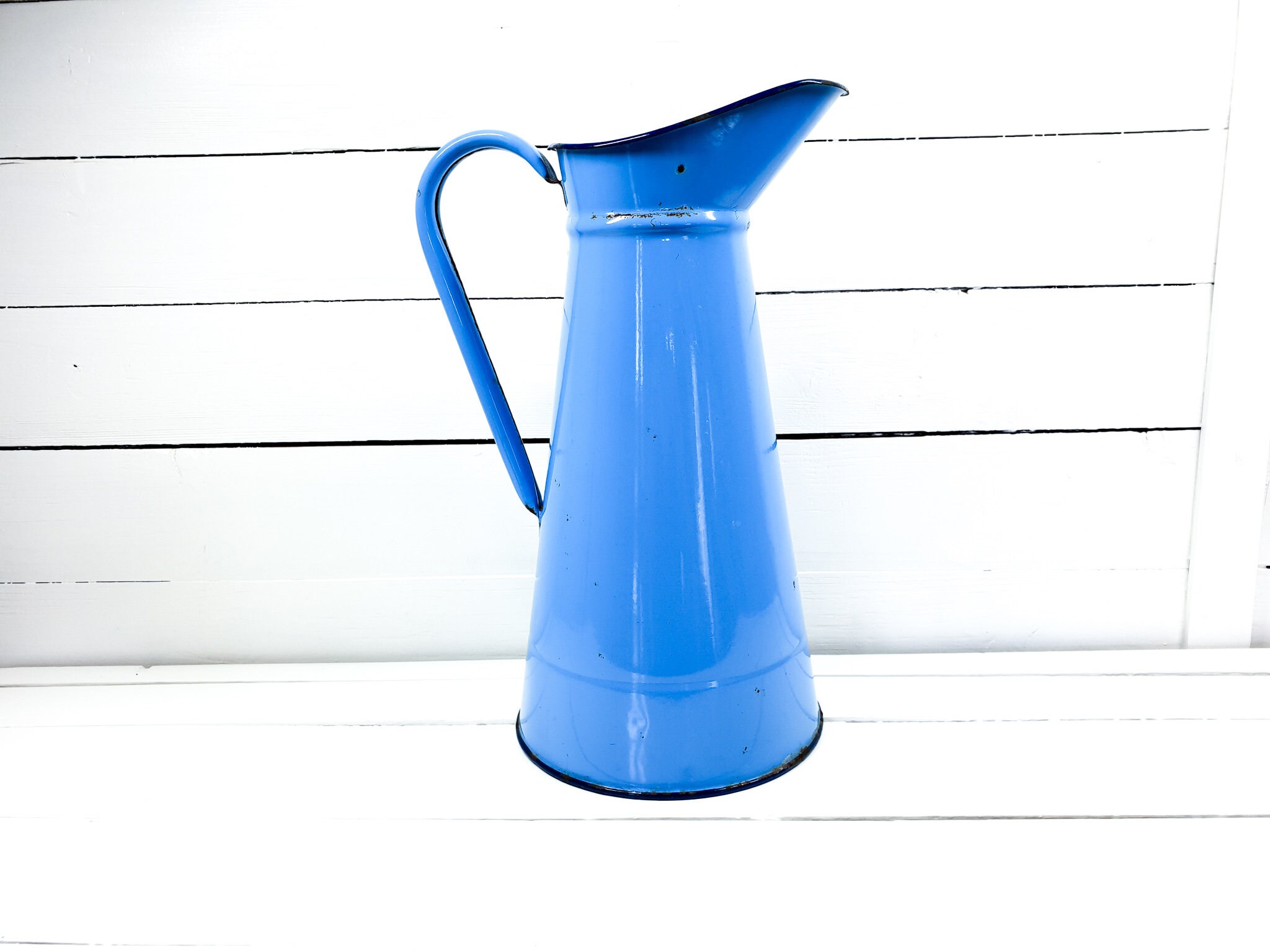Large vintage French blue enamel water pitcher • farmhouse home decor