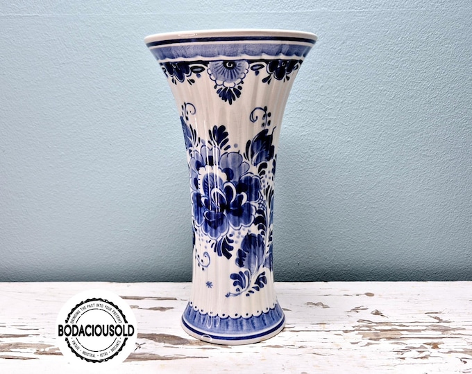 Vintage Delft Blue flute vase with hand-painted floral design | Dutch ceramic vase