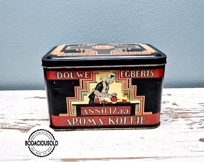 Vintage Dutch Douwe Egberts coffee tin | Aroma Coffee tin with hinged lid | Black with red and gold | Retro Holland kitchen decoration