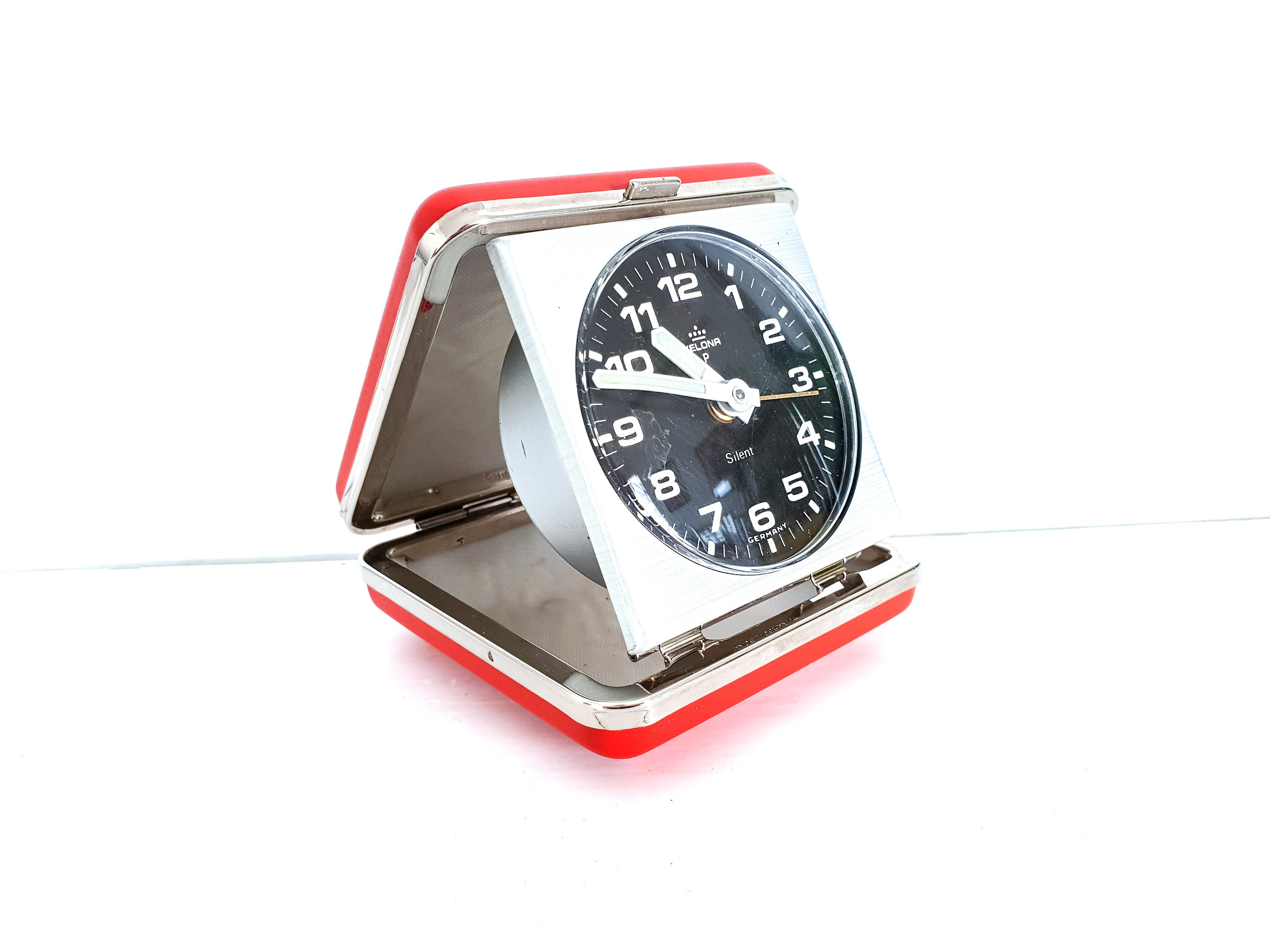 Vintage folding travel alarm clock red by Velona Germany • old red and