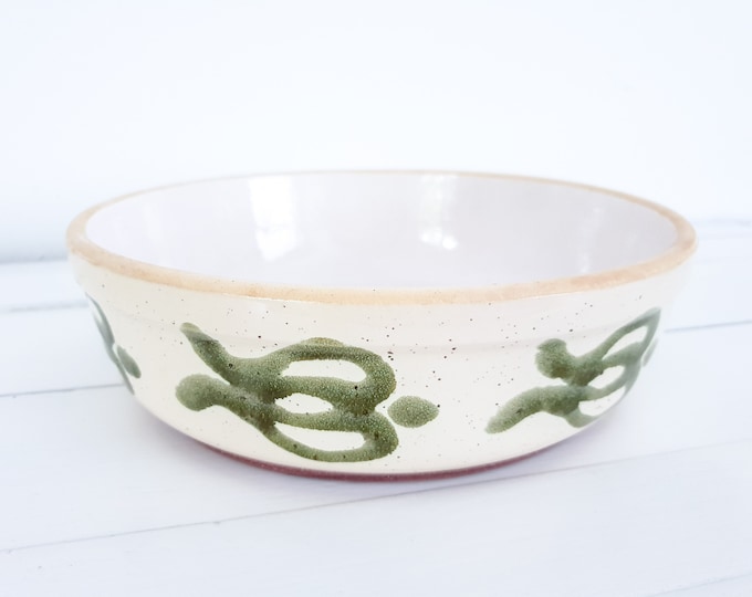 Vintage ceramic dish green pattern • retro glazed stoneware bowl • mid century ceramics