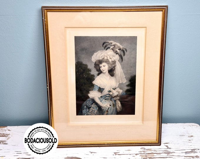 Vintage portrait print framed in gold with mat, elegant 18th-century lady