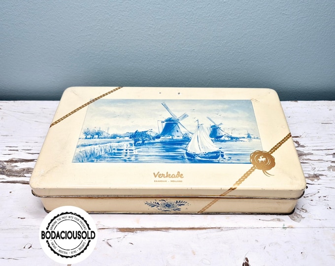 Vintage Verkade cookie tin Delft Blue windmill design  Dutch retro biscuit tin 1960s