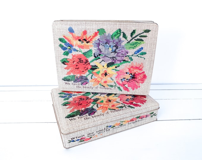 Vintage cookie tin embroidered flowers • old cookie jar • vintage tin • kitchen storage tins • embroidered flowers