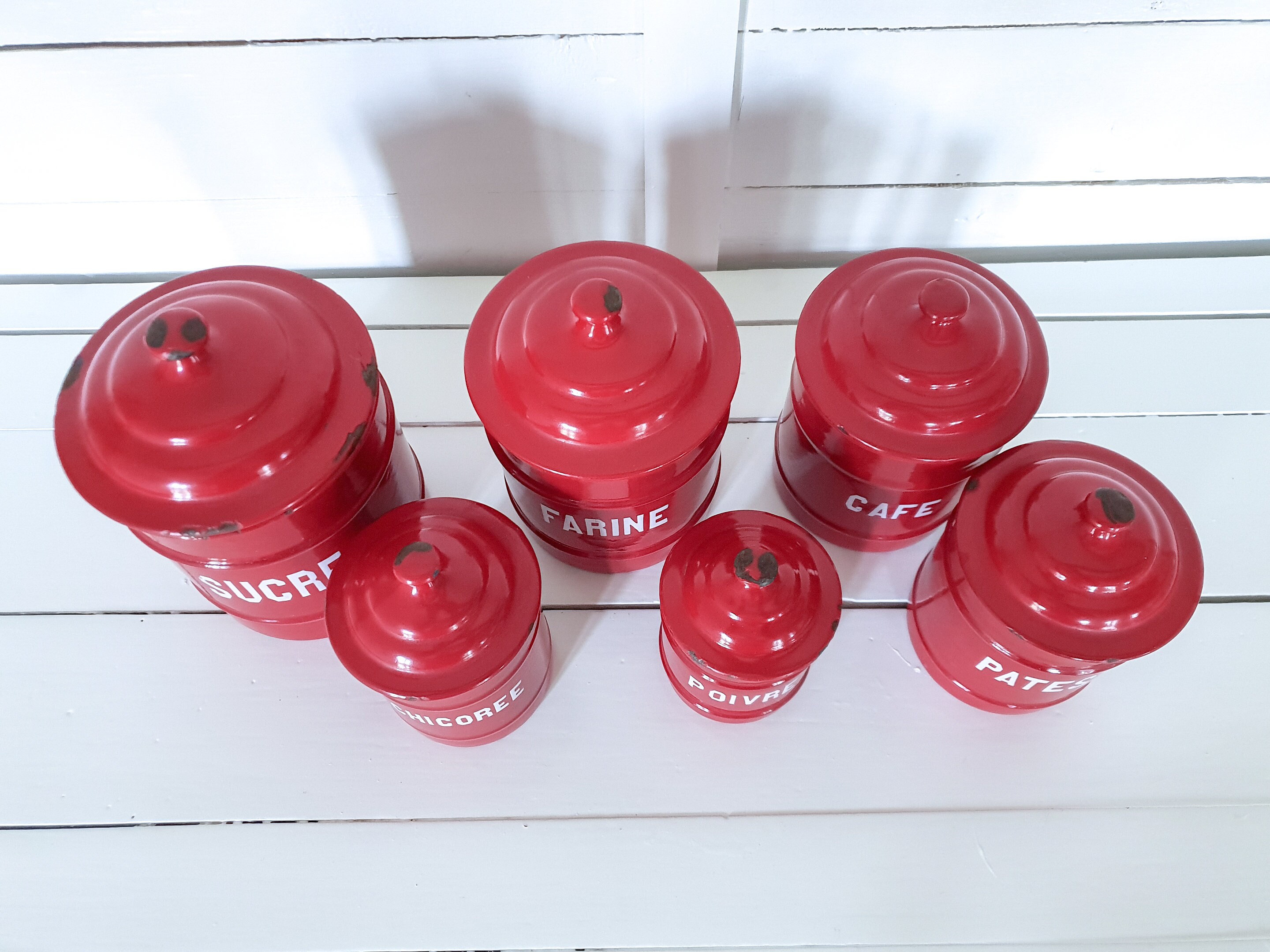 Unique vintage red enamel storage jars with lid ...