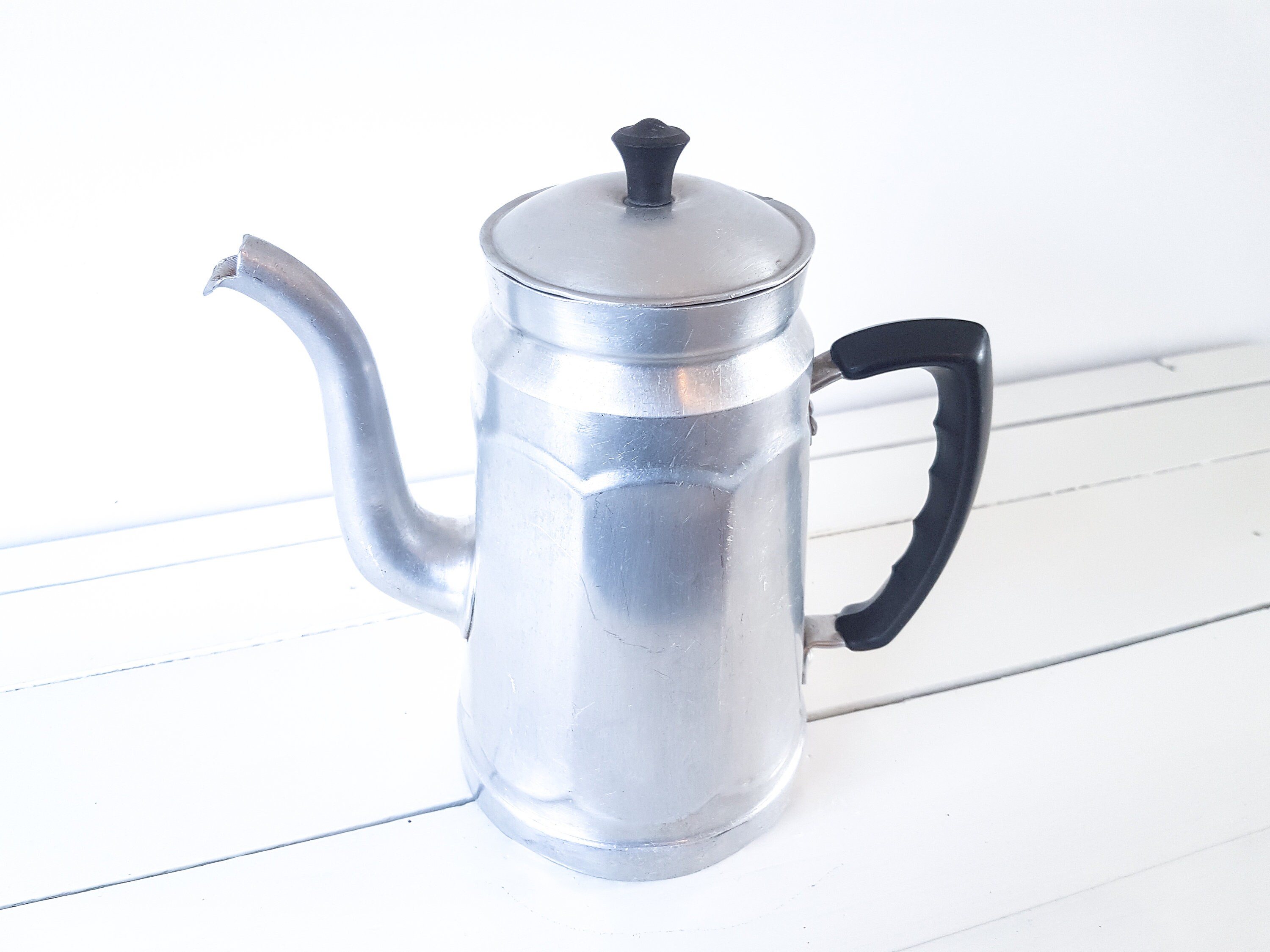 Vintage aluminum coffee pot with bakelite handle