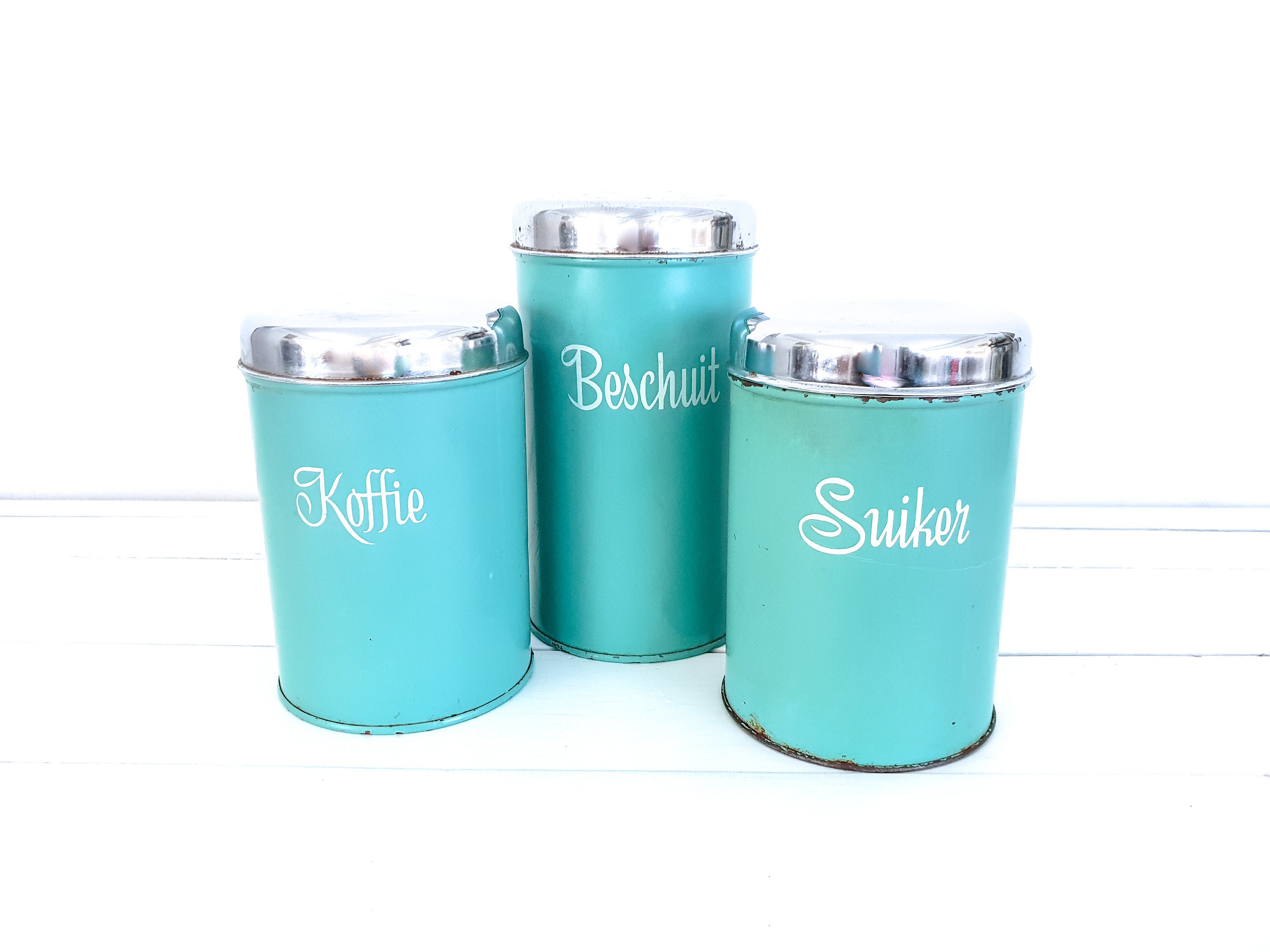 Metal Containers with glass lids Vintage 3 metal canister,Kitchen