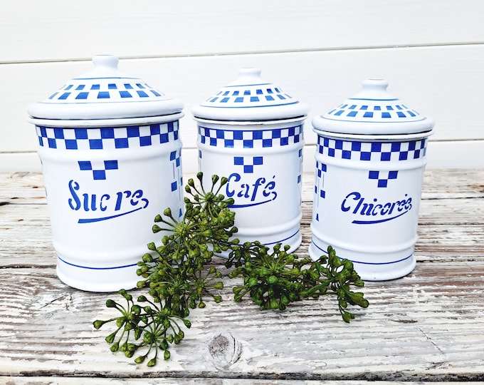 Unique set French enamel storage jars checkered pattern • farmhouse chic kitchen decor • countertop decor • French vintage enamel pots