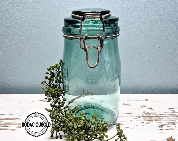 Vintage L'Idéal glass jar | French storage jar with metal clasp | Green canning jar