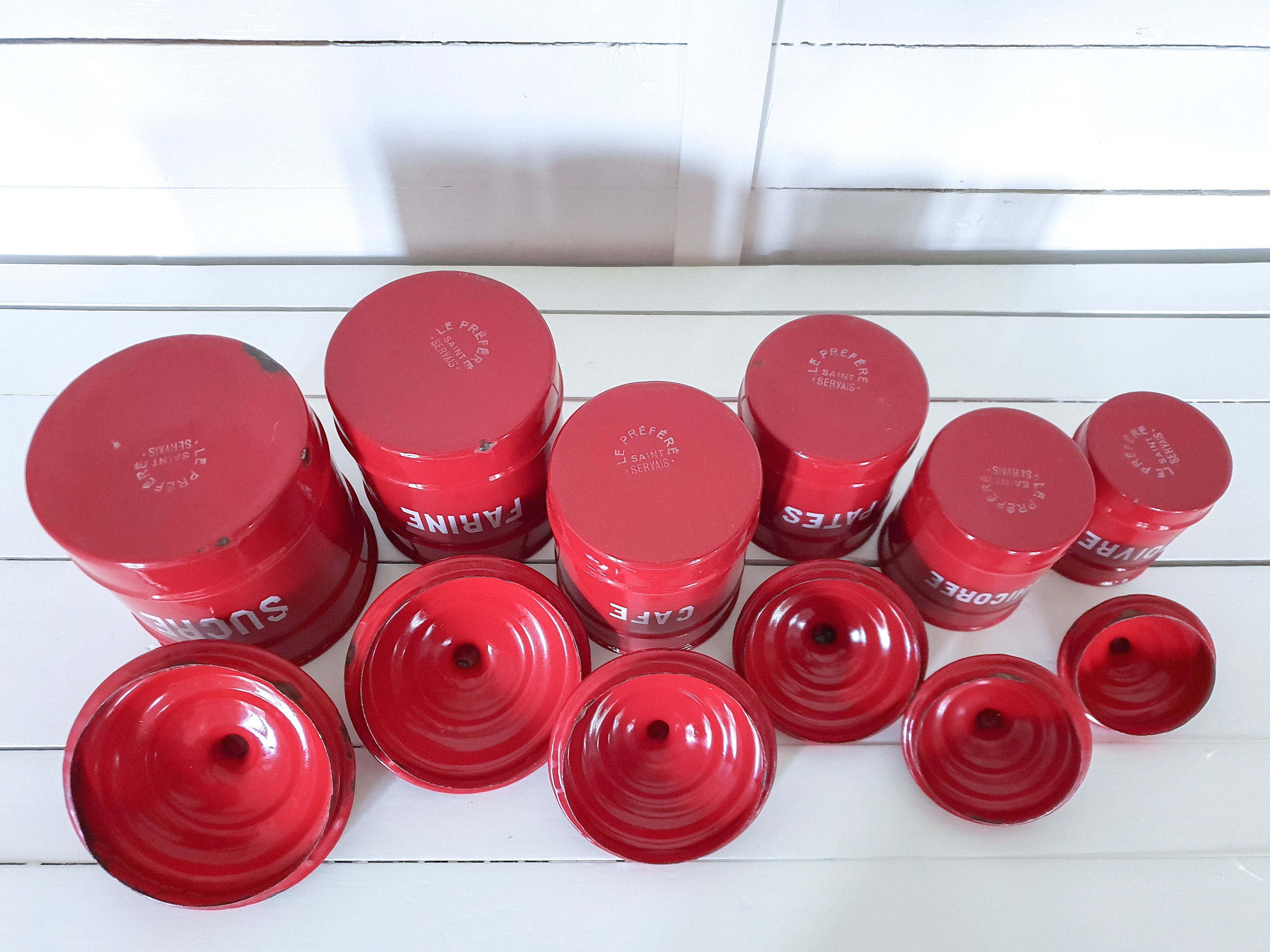 Unique vintage red enamel storage jars with lid • farmhouse enamel