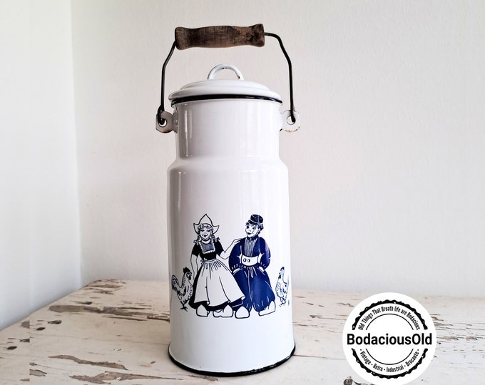 Charming Vintage Enamelware Milk Can with Blue Farmer Scene - Vintage Farmhouse Collectible