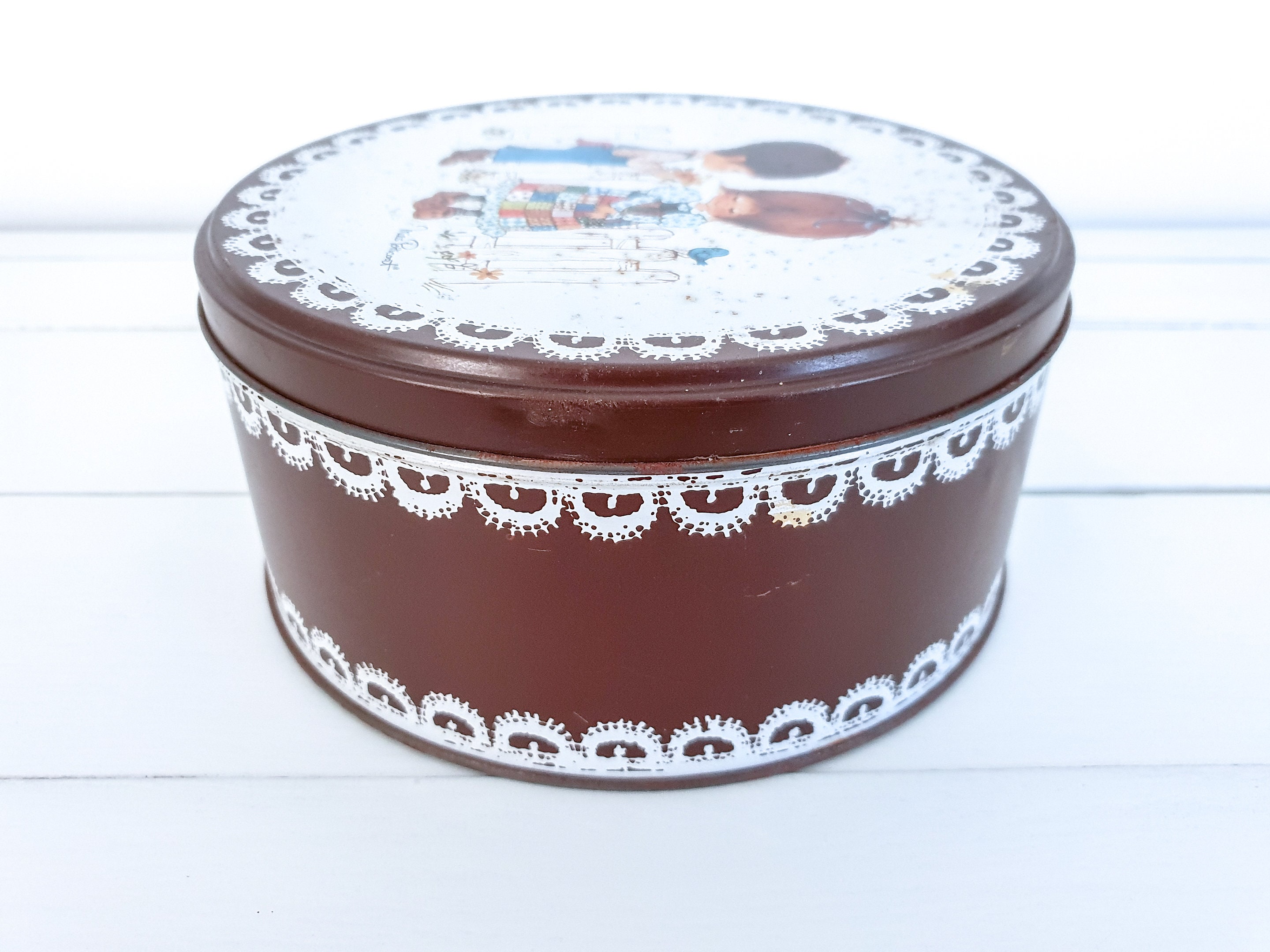 Vintage cookie tin Miss Petticoat • brown round tin can • vintage brown