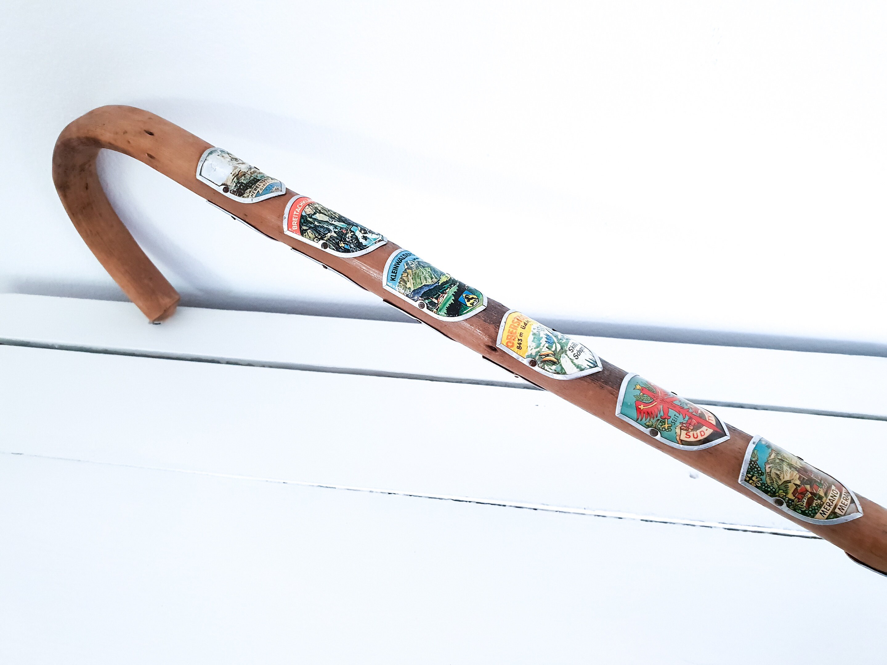 Old Wooden Cane With Metal Shields Vintage Mountain Walking