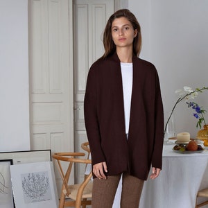 Women's Chocolate Brown Cardigan Merino Wool Open Cardigan Sweater Ladies Designer Knitwear Natural Fiber Winter Clothing image 1