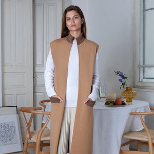 Merino Wool Sleeveless Jacket, Long Open Front Cardigan, Camel Knit Vest, Long Coat, Cape Coat, Casual Jacket, Fall Clothing, Frett S/M