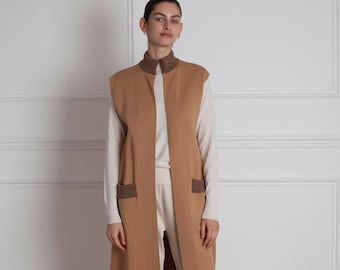 Merino Wool Sleeveless Jacket, Long Open Front Cardigan, Camel Knit Vest, Minimalist Cardigan, Cape Coat, Casual Jacket, Fall Clothing