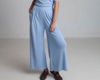 Blue Wide Knit Pants, Wide Leg Pants, Designer's Pants, Soft Handmade Pants, Flared Pants, Loose Boho Pants, Knit Wear, Women's Clothing