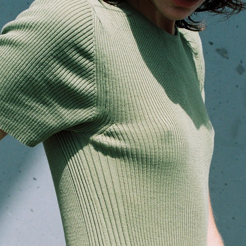 Ribbed Knit T-Shirt, shops Knit Top, Green Olive Short Sleeve Top, 100% Makò Cotton Tee, Casual Top, Office Top, Minimalist Clothing, Wear to Work