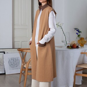 Merino Wool Sleeveless Jacket, Long Open Front Cardigan, Camel Knit Vest, Long Coat, Cape Coat, Casual Jacket, Fall Clothing, Frett M/L