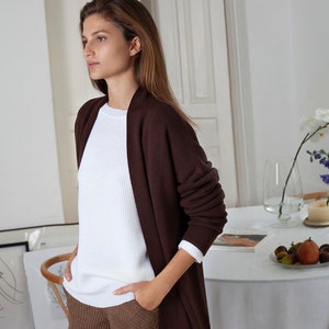 Women's Chocolate Brown Cardigan Merino Wool Open Cardigan Sweater Ladies Designer Knitwear Natural Fiber Winter Clothing image 2