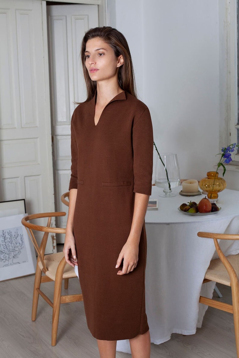 Minimalist Brown Dress, Knit Dress, Cocktail Dress, Organic Cotton Dress, Sheath Dress, Fall Dress, Wear to Work, Mother of the Bride Dress Brown