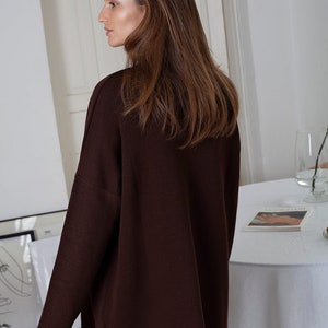 Women's Chocolate Brown Cardigan Merino Wool Open Cardigan Sweater Ladies Designer Knitwear Natural Fiber Winter Clothing image 3