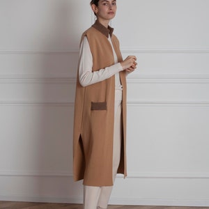 Merino Wool Sleeveless Jacket, Long Open Front Cardigan, Camel Knit Vest, Long Coat, Cape Coat, Casual Jacket, Fall Clothing, Frett image 5