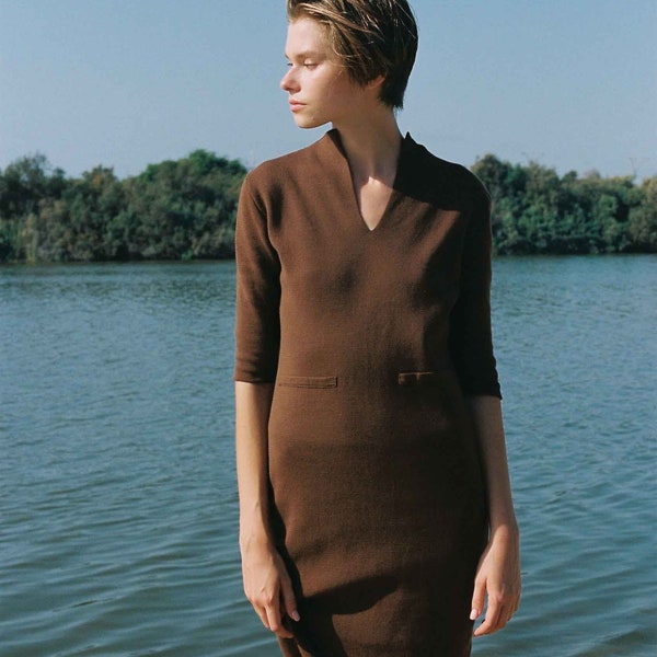 Women's Organic Cotton Knit Dress - Chestnut Brown Form Fitting Dress - Calf Length Sheath Dress - Work Wear Capsule Wardrobe