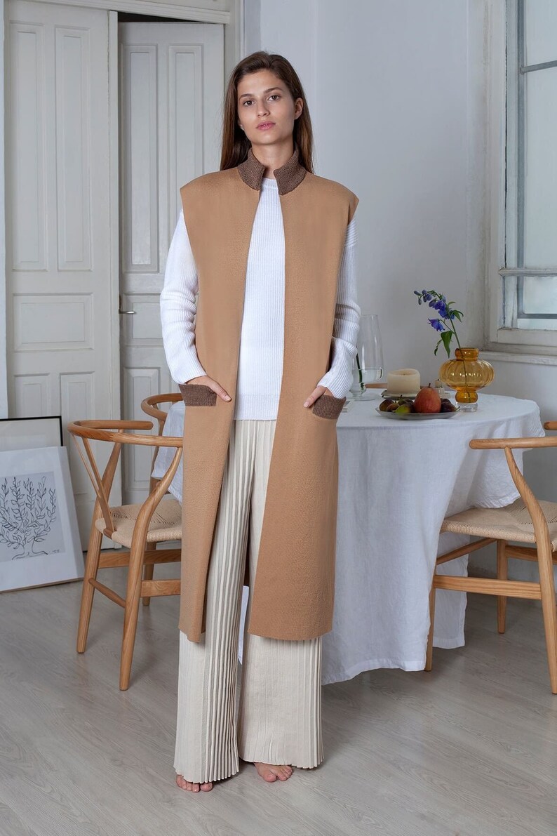 Merino Wool Sleeveless Jacket, Long Open Front Cardigan, Camel Knit Vest, Long Coat, Cape Coat, Casual Jacket, Fall Clothing, Frett S/M