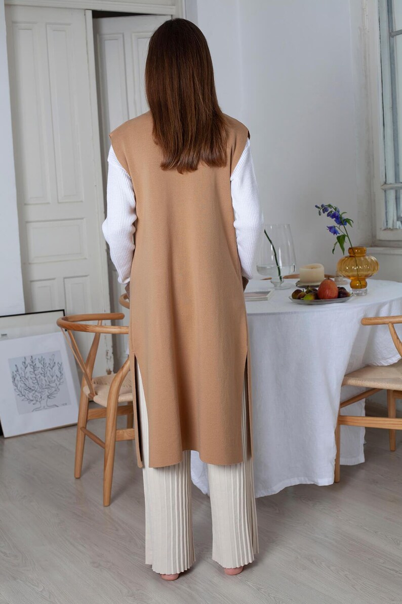 Merino Wool Sleeveless Jacket, Long Open Front Cardigan, Camel Knit Vest, Long Coat, Cape Coat, Casual Jacket, Fall Clothing, Frett image 9