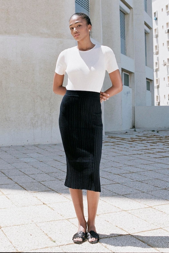 Falda lápiz negra falda asimétrica falda de lana merino - Etsy España
