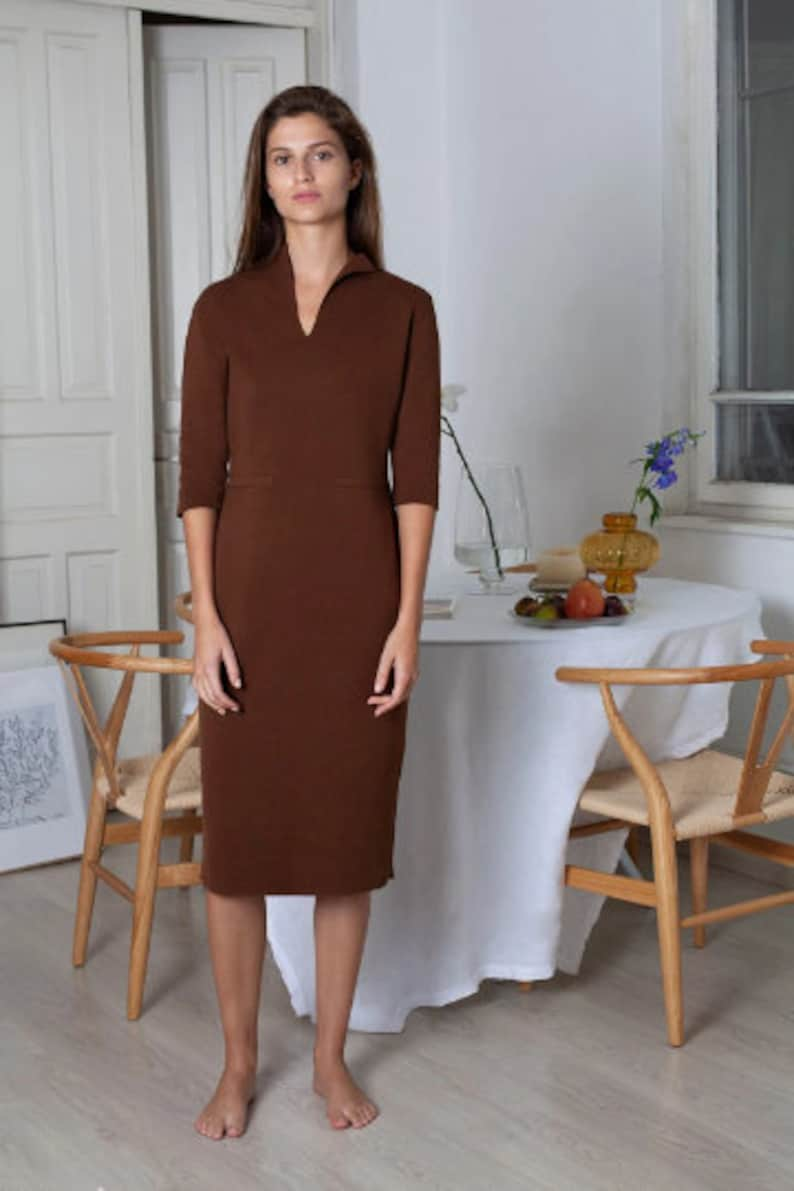 Minimalist Brown Dress, Knit Dress, Cocktail Dress, Organic Cotton Dress, Sheath Dress, Fall Dress, Wear to Work, Mother of the Bride Dress image 5