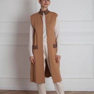 Merino Wool Sleeveless Jacket, Long Open Front Cardigan, Camel Knit Vest, Long Coat, Cape Coat, Casual Jacket, Fall Clothing, Frett image 3