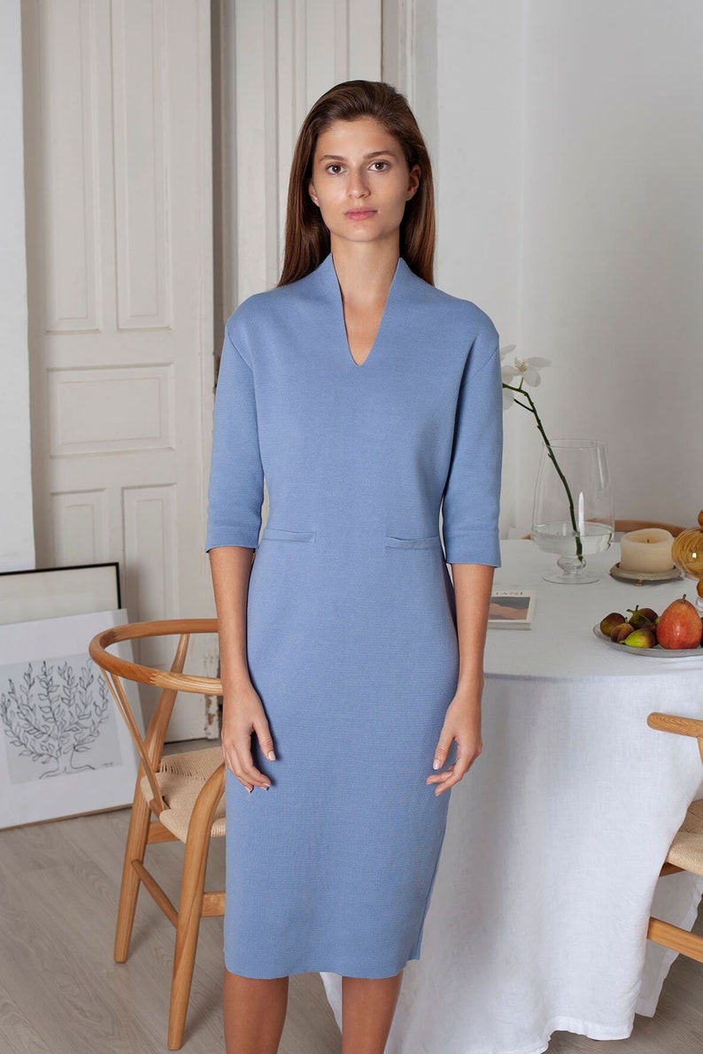 Minimalist Brown Dress, Knit Dress, Cocktail Dress, Organic Cotton Dress, Sheath Dress, Fall Dress, Wear to Work, Mother of the Bride Dress Sky blue