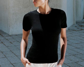 Black Ribbed Cotton Shirt, 100% Makò Cotton, Minimalist Top, Casual Top, Women's Clothing, Office Clothing, Slow Fashion, Designer Clothing