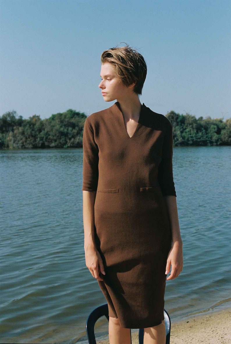 Minimalist Brown Dress, Knit Dress, Cocktail Dress, Organic Cotton Dress, Sheath Dress, Fall Dress, Wear to Work, Mother of the Bride Dress image 6