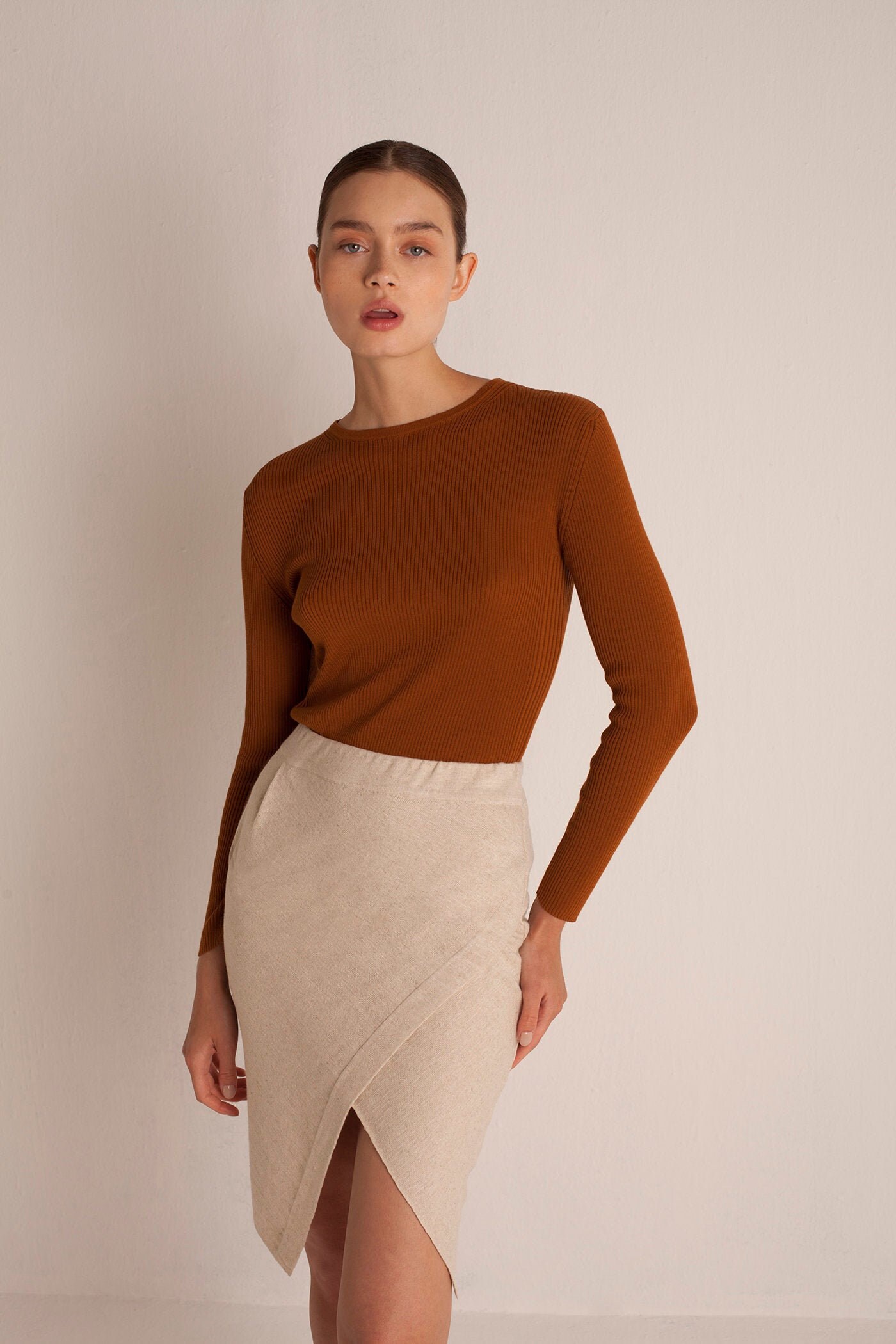 Weekend Cotton Stretch Knee Length Skirt - Beige