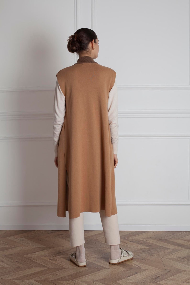 Merino Wool Sleeveless Jacket, Long Open Front Cardigan, Camel Knit Vest, Long Coat, Cape Coat, Casual Jacket, Fall Clothing, Frett image 4