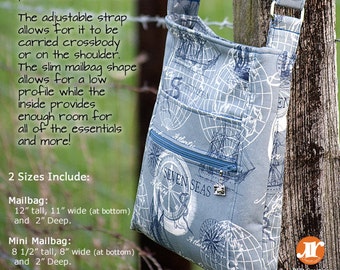May include: A blue and white patterned crossbody bag with a map design. The bag has a zippered pocket and a slip pocket. The adjustable strap allows the bag to be worn crossbody or on the shoulder. The bag is 12 inches tall, 11 inches wide, and 2 inches deep. The text "The Mailbag Crossbody" is at the bottom of the image.