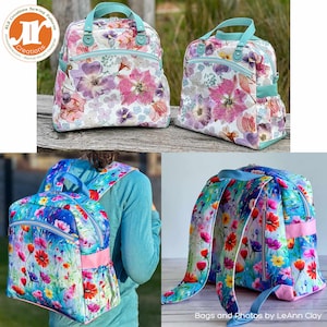 May include: Three different bags with floral patterns. The bags are a tote bag, a backpack, and a smaller tote bag. The tote bags have turquoise handles and the backpack has turquoise straps. The bags are all made of fabric with a floral print. The floral print is a watercolour style with pink, blue, and yellow flowers.