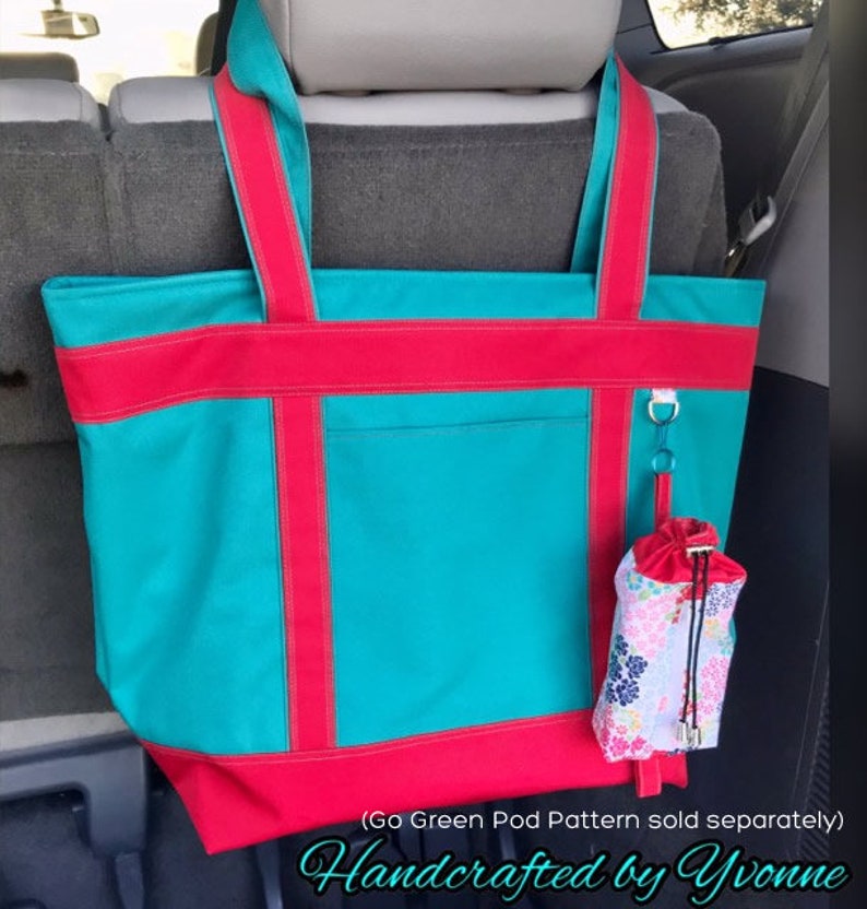 Pu&ograve; includere: Una grande borsa tote turchese con finiture e manici rossi. Un piccolo astuccio con stampa floreale &egrave; appeso a un anello di metallo attaccato alla borsa. Il testo "Handcrafted by Yvonne" &egrave; in basso.