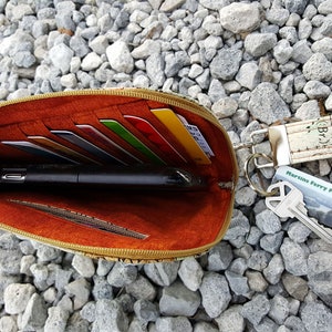 Pode incluir: Bolsa aberta com z&iacute;per com um exterior estampado em marrom e bege. O interior &eacute; forrado com tecido laranja e cont&eacute;m v&aacute;rios cart&otilde;es de cr&eacute;dito, uma caneta preta e um pequeno bolso com z&iacute;per. Um chaveiro com uma al&ccedil;a de tecido branco e marrom e um cart&atilde;o de biblioteca est&aacute; preso &agrave; bolsa.