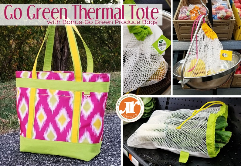 Pu&ograve; includere: Una borsa termica con motivo rosa e giallo con accenti verdi e manici gialli. L'immagine mostra anche sacchetti di prodotti in rete riutilizzabili pieni di frutta e verdura. Il testo sull'immagine recita "Go Green Thermal Tote with Bonus-Go Green Produce Bags."