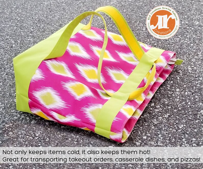 Pu&ograve; includere: Una grande borsa tote con un vivace motivo ikat rosa e giallo. La borsa ha dettagli verde lime sulla parte superiore e sui manici. Il testo sulla borsa dice: "Non solo mantiene freddi gli oggetti, ma li mantiene anche caldi! Ottimo per trasportare ordini da asporto, casseruole e pizze!"