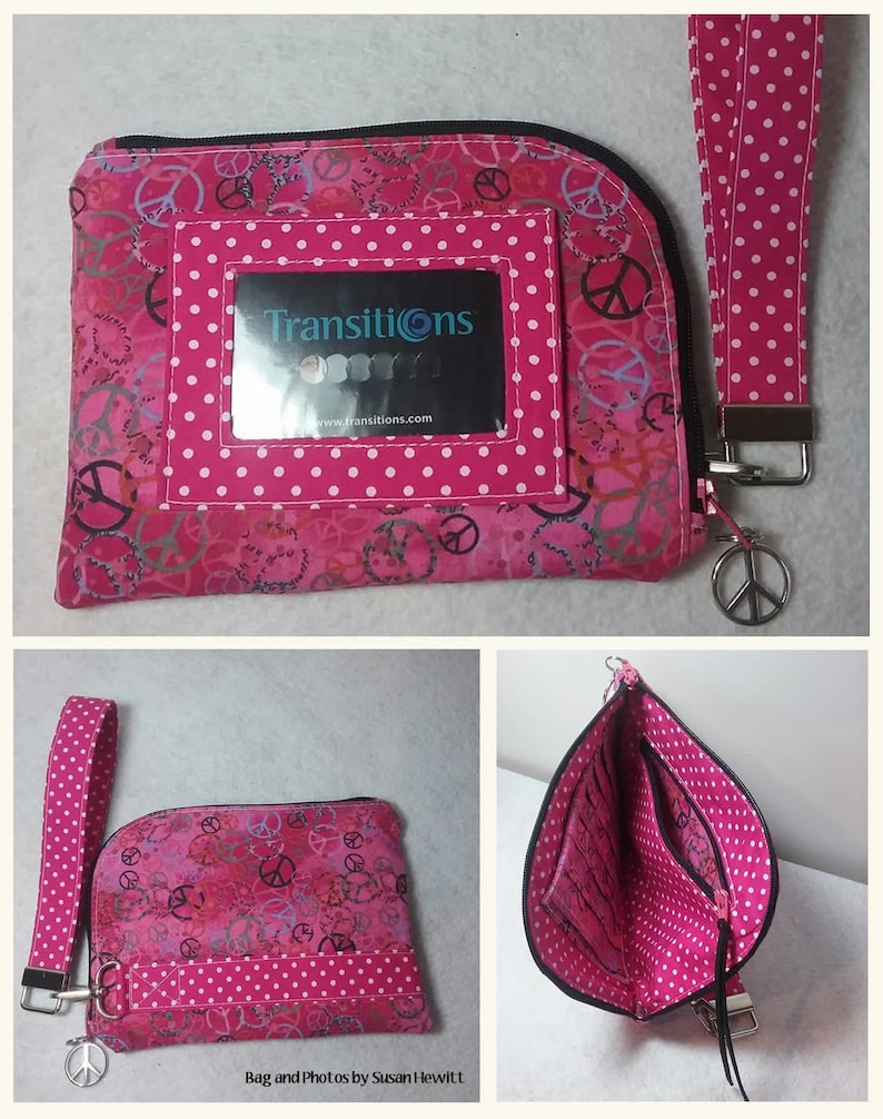 Pode incluir: Bolsa rosa com z&iacute;per com um padr&atilde;o de sinal de paz e bolinhas brancas. A bolsa tem uma janela de pl&aacute;stico transparente com um cart&atilde;o de visita que diz "Transitions". A bolsa tem uma al&ccedil;a de pulso de bolinhas rosa e brancas.