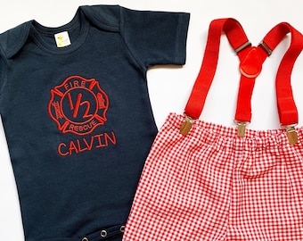 Firefighter Birthday Shirts, Fire Rescue Birthday Shirts, Gingham Toddler Shorts, Firefighter Birthday Shirts, Personalized Toddler Shirts