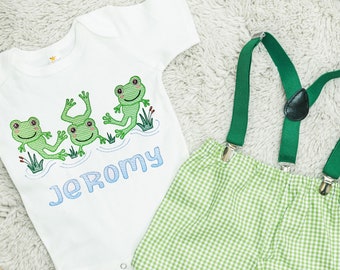 Frog Applique Shirt, Gingham Shorts for Baby Boys, Boy Frog Shirt, Gingham Boy Shorts, Frog Birthday Shirt, Personalized  Toddler Frog Shirt