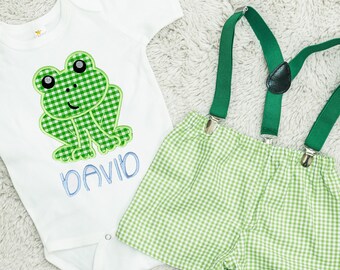 Frog Applique Shirt, Gingham Baby Boy Shorts, Suspenders Outfit